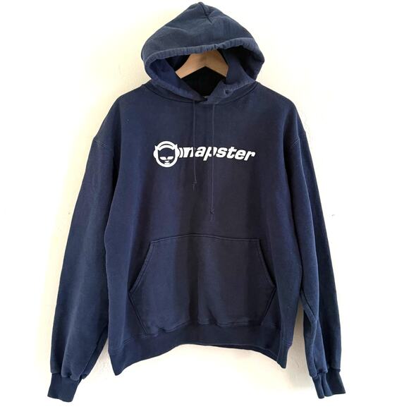Vintage Champion X Napster 90s Y2K Music Streaming Graphic Hoodie Blue Size Med